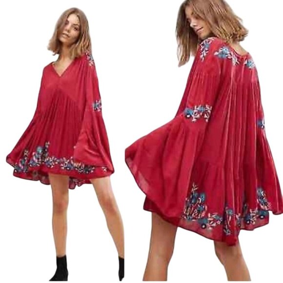Free People Te Amo Embroidered Flare Sleeve V Neck Babydoll Swing Dress Size M - Picture 1 of 13
